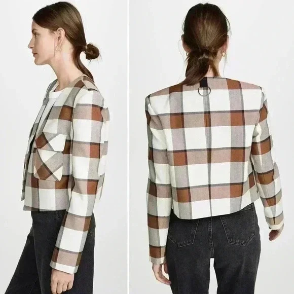 Tibi Dylan Plaid Cream Cropped Jacket Blazer in Ivory Camel Size 12 - Picture 11 of 16